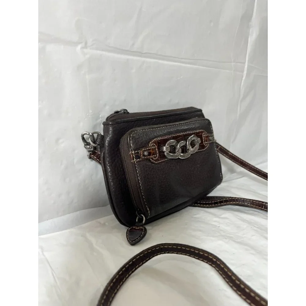 Brighton Crossbody Organizer Brown Pebbled Leather Decorative Chain Hardware